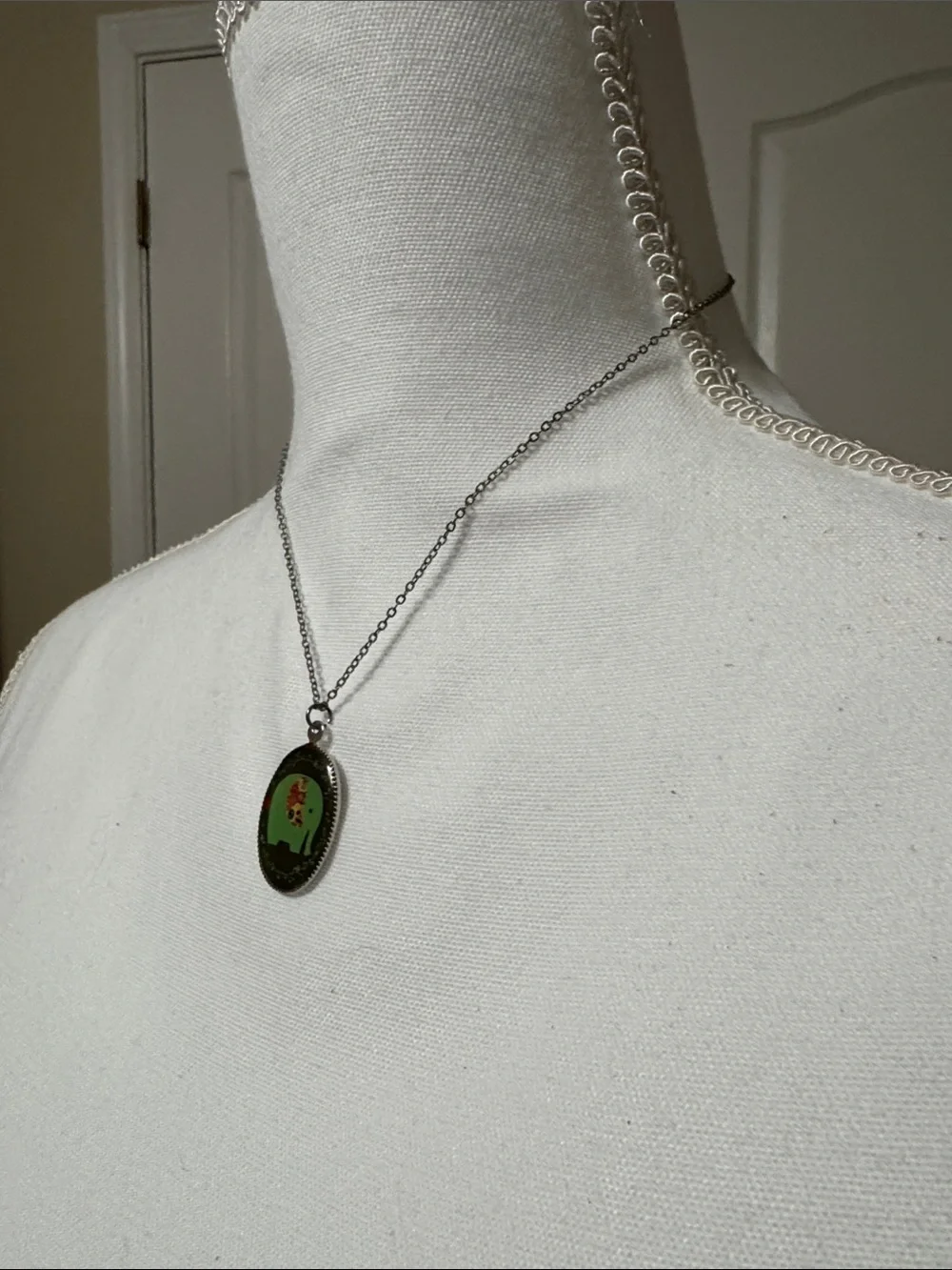Oval Green Elephant Pendant Necklace